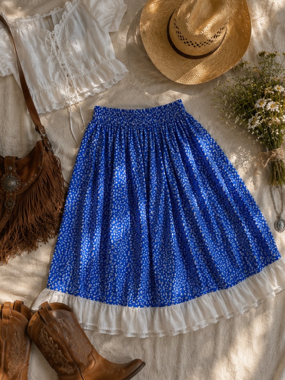 Prairie Ruffle Skirt Festival Bohemian Cottagecore Western Blue White Floral VTG